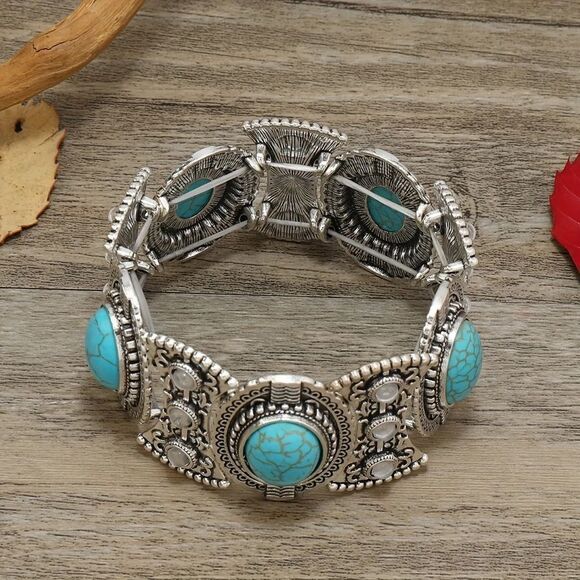 Turquoise and Silver Elastic Bracelet Vintage An Antique Silvery Bangle Bracelet - Picture 3 of 5